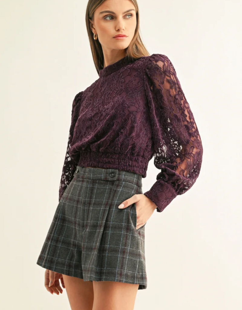 Adelyn Rae Myla Mock Neck Long Sleeve Lace Top in Plum
