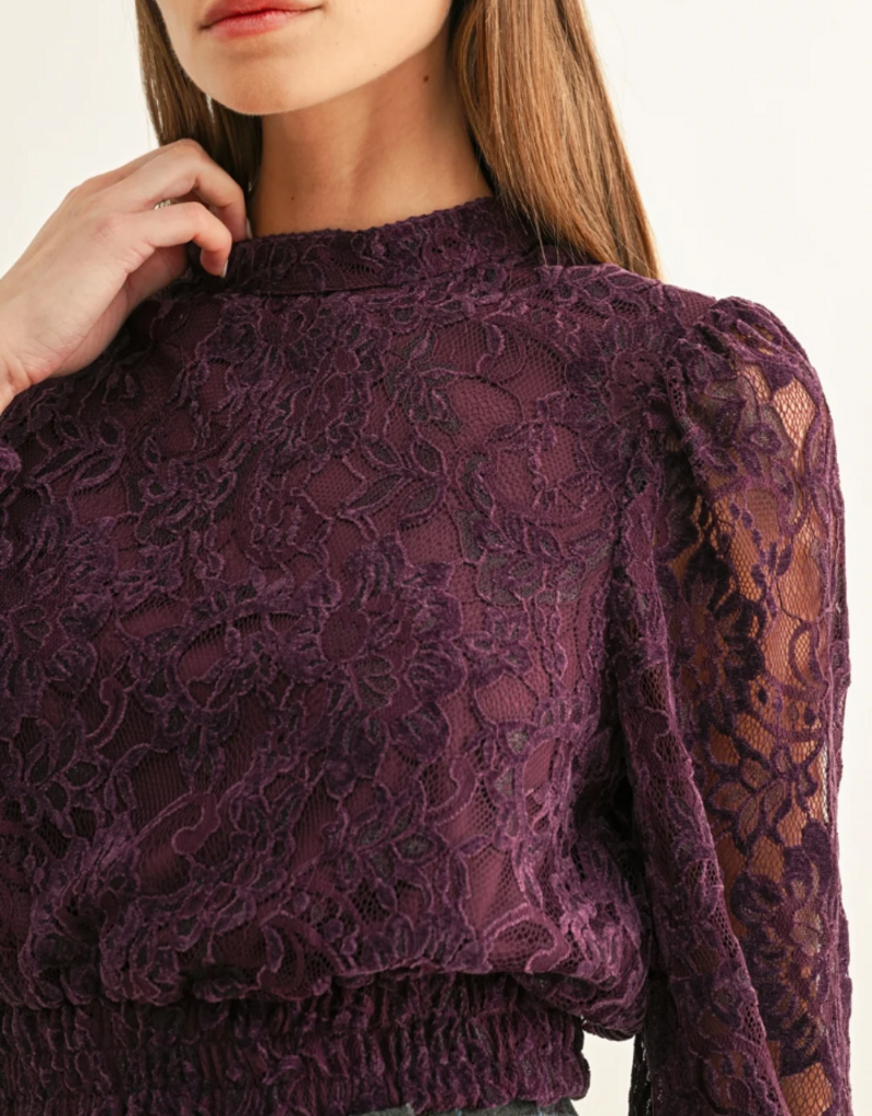 Adelyn Rae Myla Mock Neck Long Sleeve Lace Top in Plum
