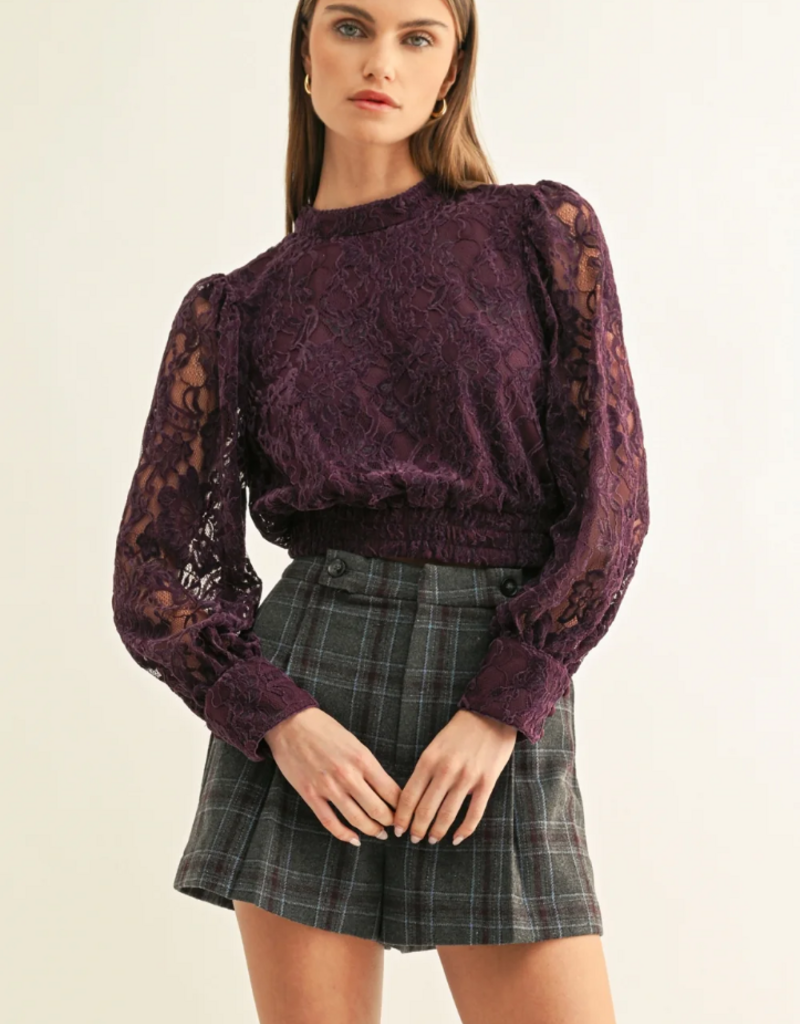Adelyn Rae Myla Mock Neck Long Sleeve Lace Top in Plum