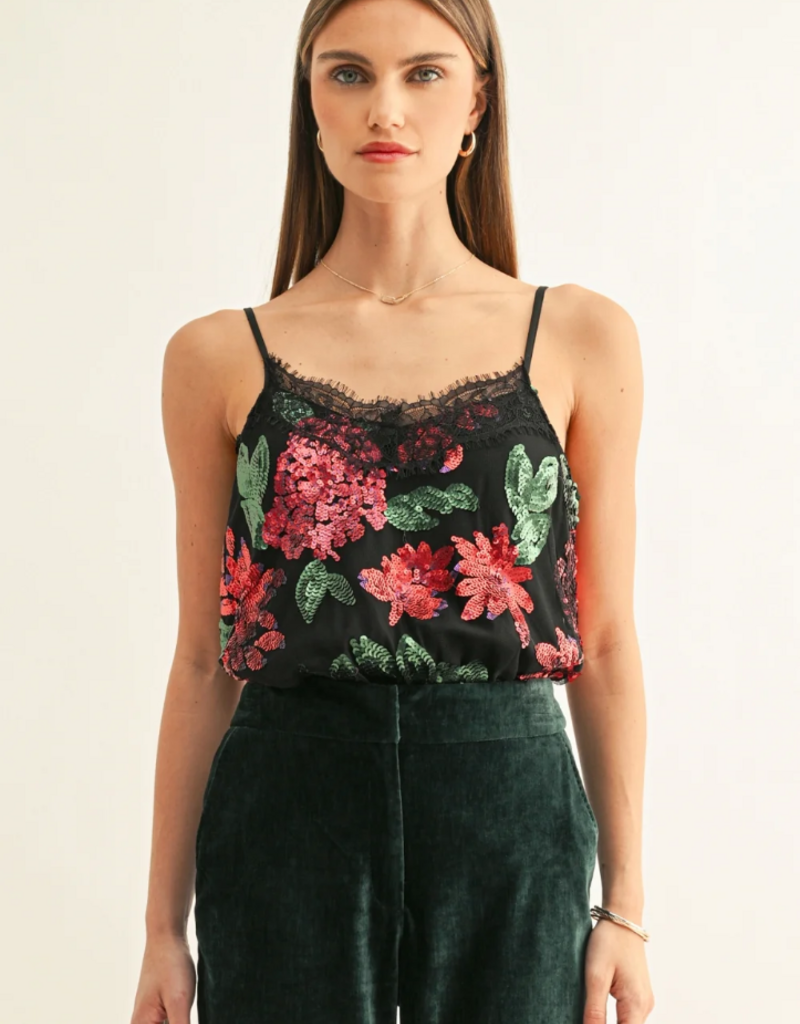 Adelyn Rae Scarlette Contrast Lace Sequin Cami in Black Mutli Sequin