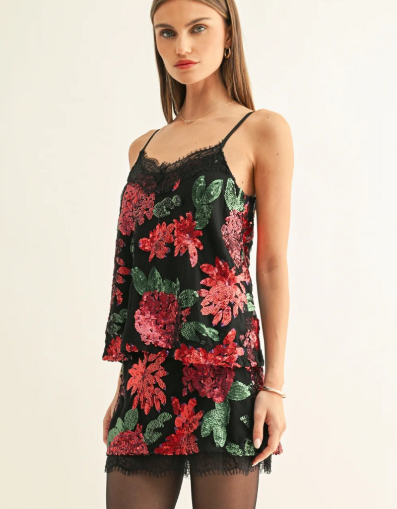 Adelyn Rae Scarlette Contrast Lace Sequin Cami in Black Mutli Sequin