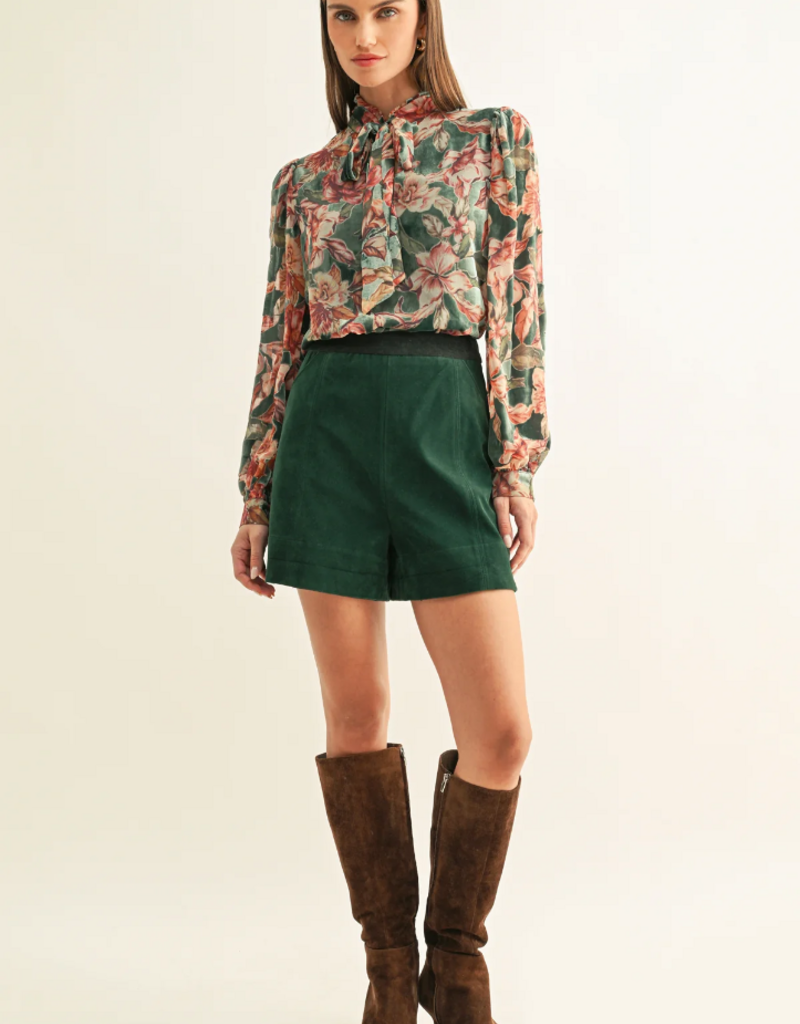 Adelyn Rae Scarlette Burnout Velvet Tied Neck Blouse in Teal Multi Floral