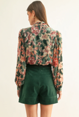 Adelyn Rae Scarlette Burnout Velvet Tied Neck Blouse in Teal Multi Floral