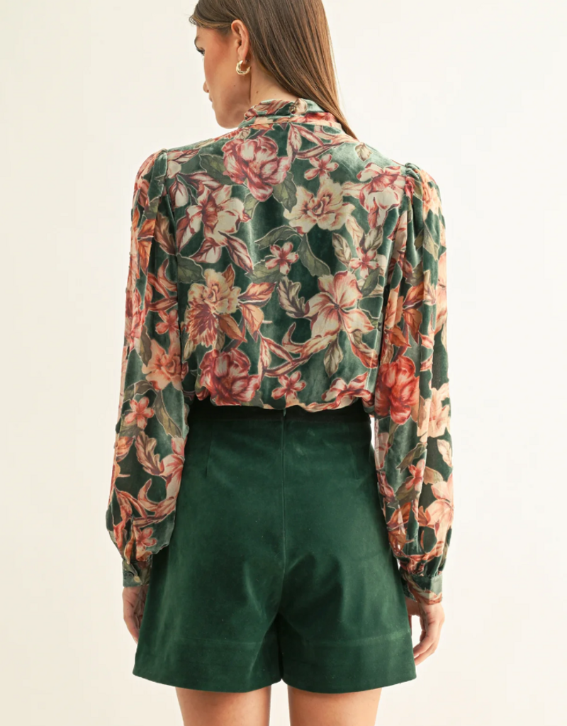 Adelyn Rae Scarlette Burnout Velvet Tied Neck Blouse in Teal Multi Floral