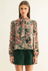 Adelyn Rae Scarlette Burnout Velvet Tied Neck Blouse in Teal Multi Floral