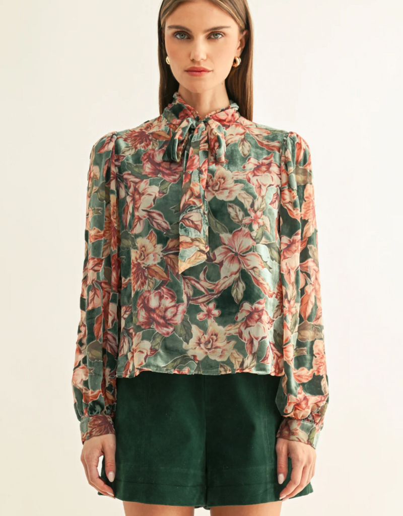 Adelyn Rae Scarlette Burnout Velvet Tied Neck Blouse in Teal Multi Floral