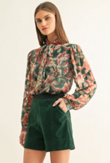 Adelyn Rae Scarlette Burnout Velvet Tied Neck Blouse in Teal Multi Floral