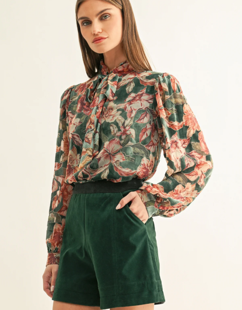 Adelyn Rae Scarlette Burnout Velvet Tied Neck Blouse in Teal Multi Floral