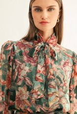Adelyn Rae Scarlette Burnout Velvet Tied Neck Blouse in Teal Multi Floral