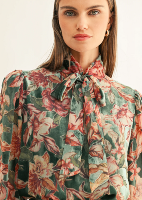 Adelyn Rae Scarlette Floral Burnout Velvet Tied Neck Blouse