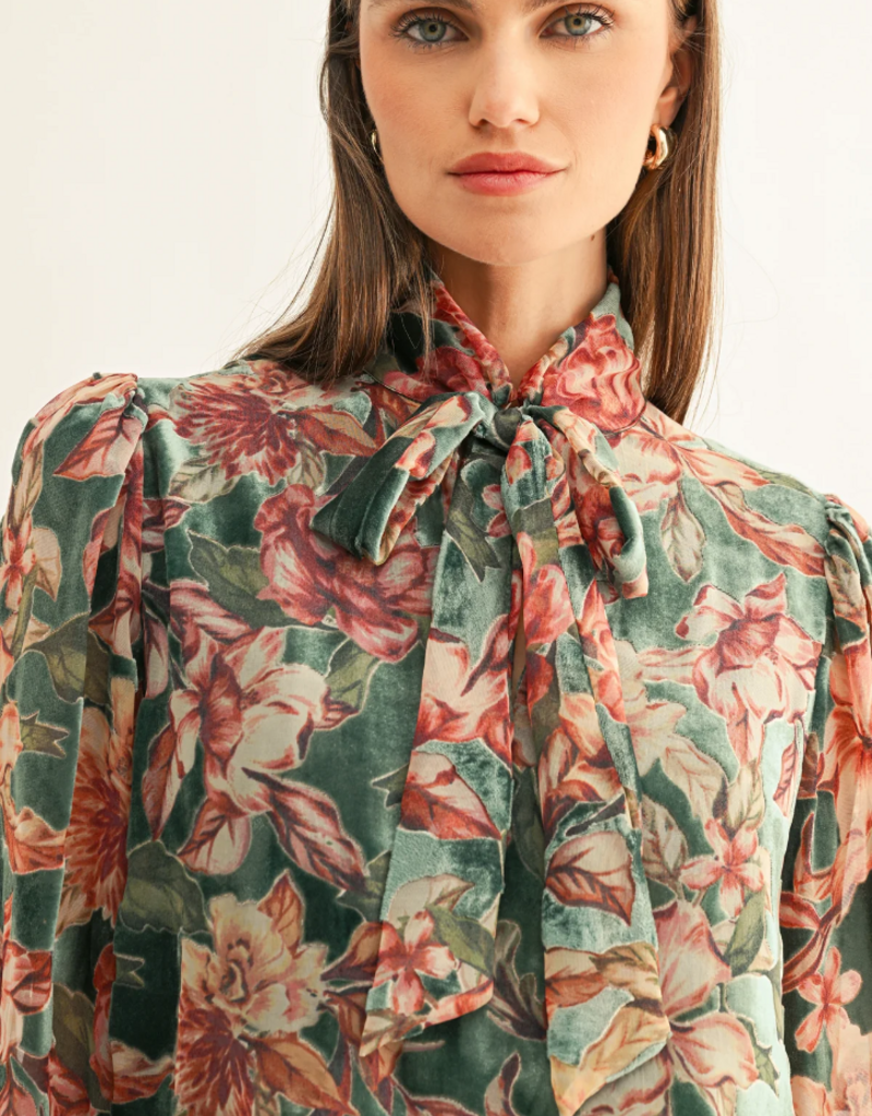 Adelyn Rae Scarlette Burnout Velvet Tied Neck Blouse in Teal Multi Floral