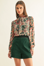 Adelyn Rae Scarlette Burnout Velvet Tied Neck Blouse in Teal Multi Floral