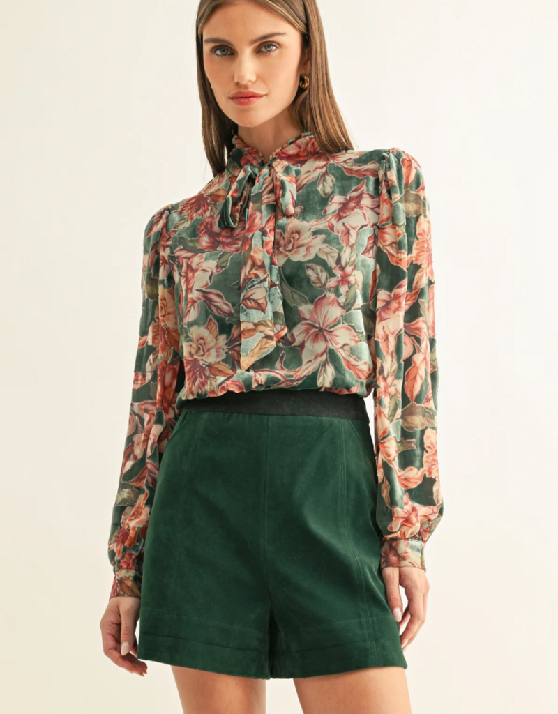 Adelyn Rae Scarlette Burnout Velvet Tied Neck Blouse in Teal Multi Floral