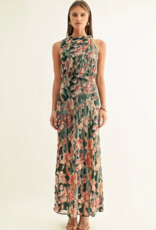 Adelyn Rae Veda Burnout Velvet Draped Maxi Dress in Teal Multi Floral