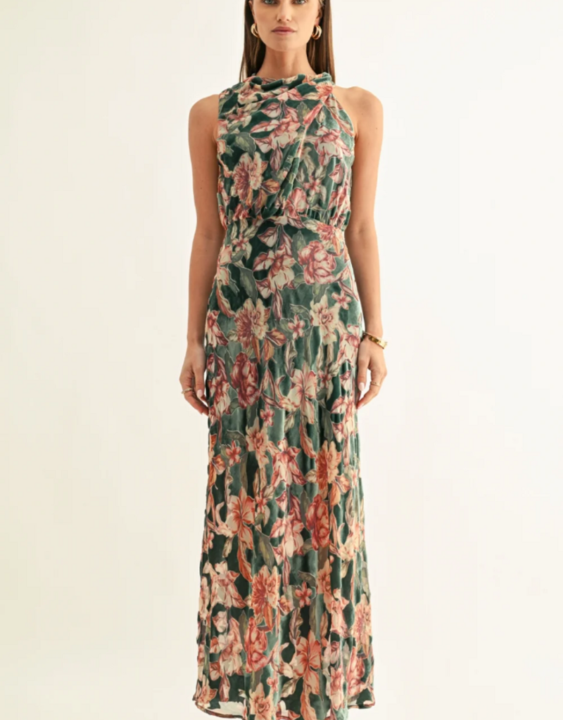 Adelyn Rae Veda Burnout Velvet Draped Maxi Dress in Teal Multi Floral