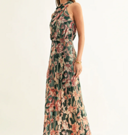 Adelyn Rae Veda Burnout Velvet Draped Maxi Dress in Teal Multi Floral