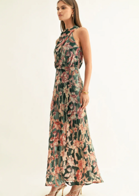 Adelyn Rae Veda Burnout Velvet Draped Maxi Dress in Teal Multi Floral