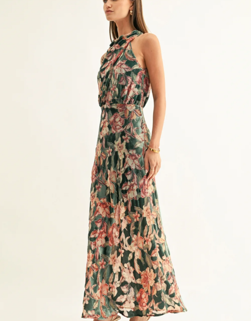 Adelyn Rae Veda Burnout Velvet Draped Maxi Dress in Teal Multi Floral