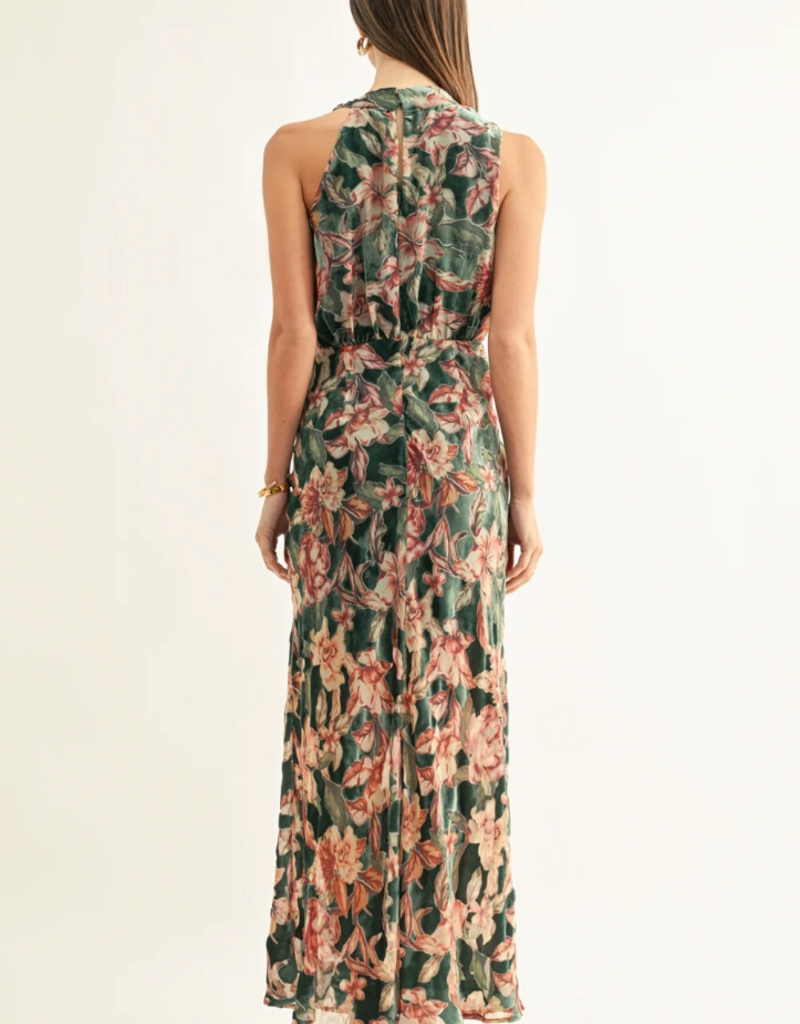 Adelyn Rae Veda Burnout Velvet Draped Maxi Dress in Teal Multi Floral