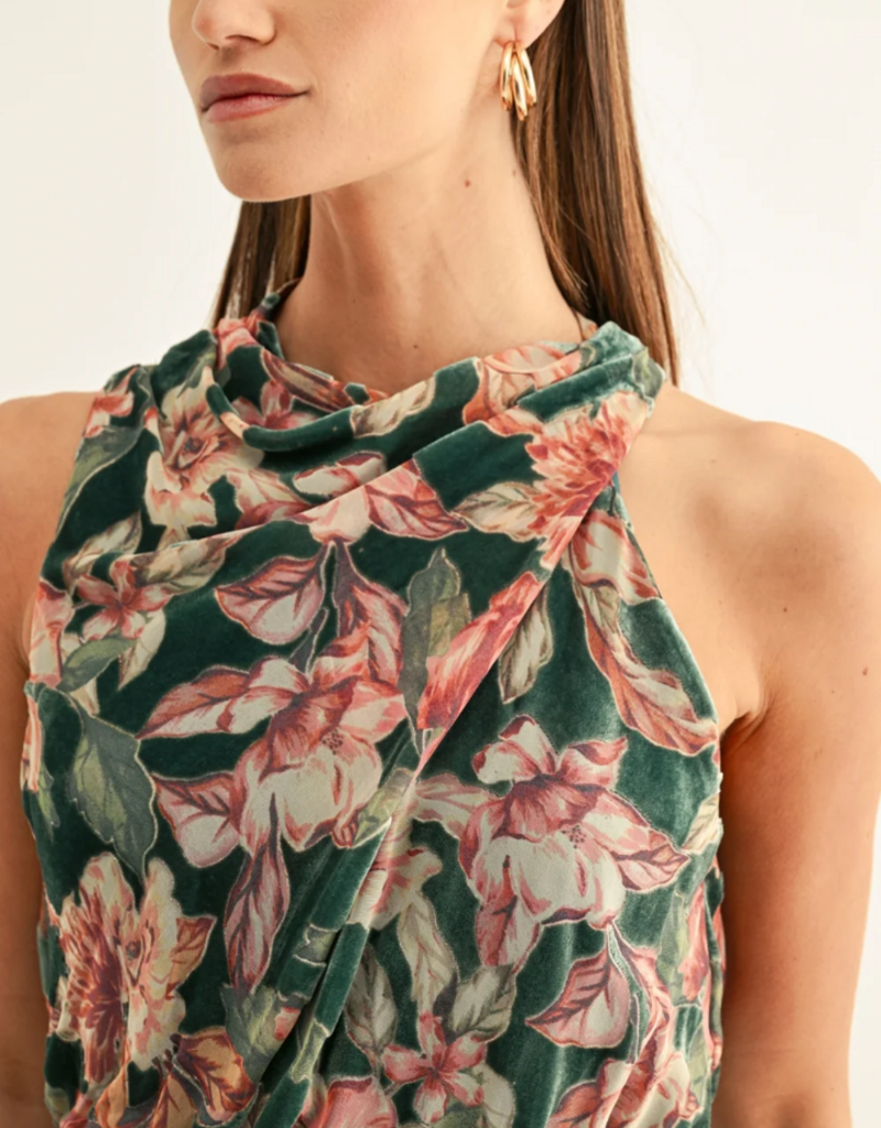 Adelyn Rae Veda Burnout Velvet Draped Maxi Dress in Teal Multi Floral