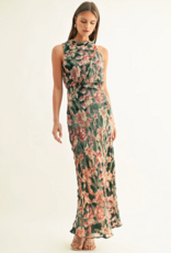 Adelyn Rae Veda Burnout Velvet Draped Maxi Dress in Teal Multi Floral