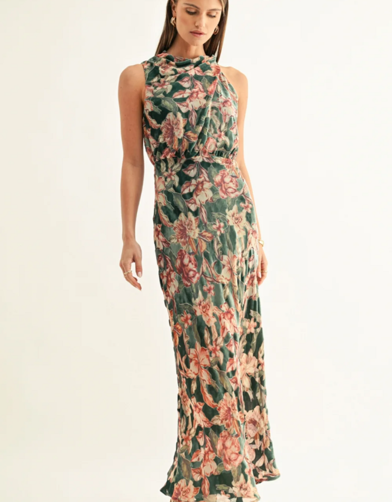 Adelyn Rae Veda Burnout Velvet Draped Maxi Dress in Teal Multi Floral