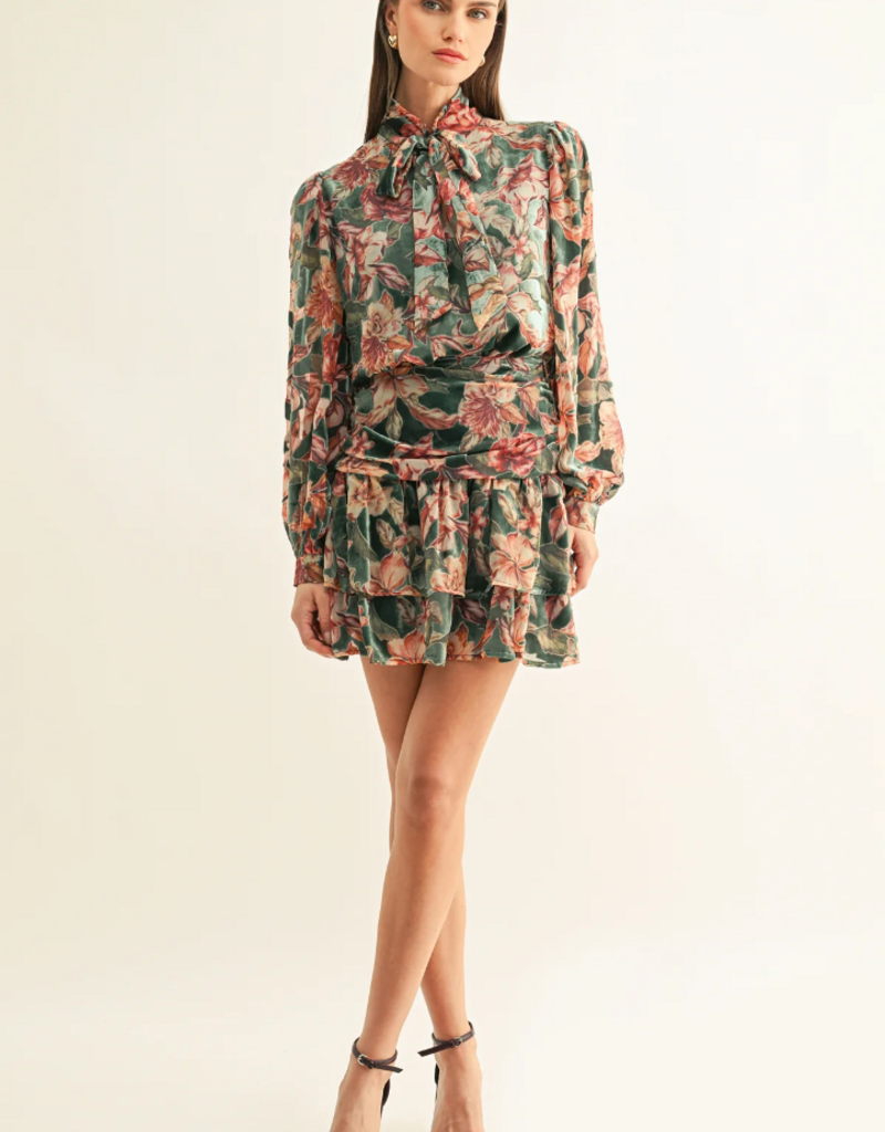 Adelyn Rae Thea Burnout Velvet Tiered Mini Skirt in Teal Multi Floral