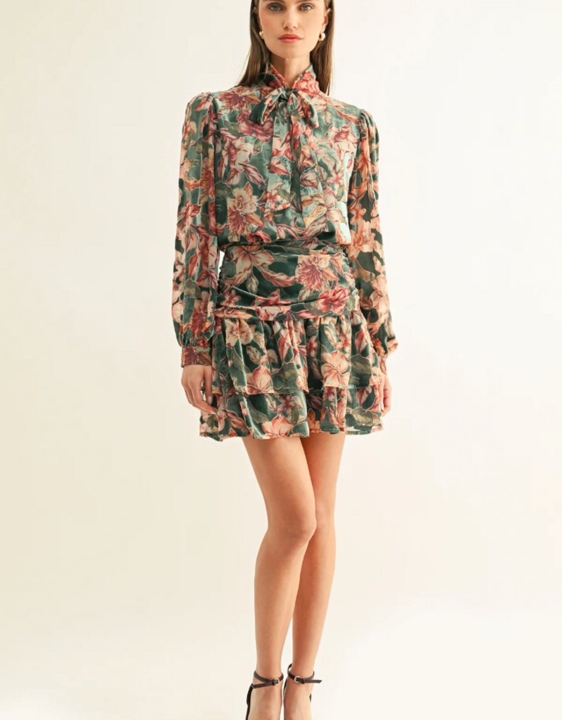 Adelyn Rae Thea Burnout Velvet Tiered Mini Skirt in Teal Multi Floral