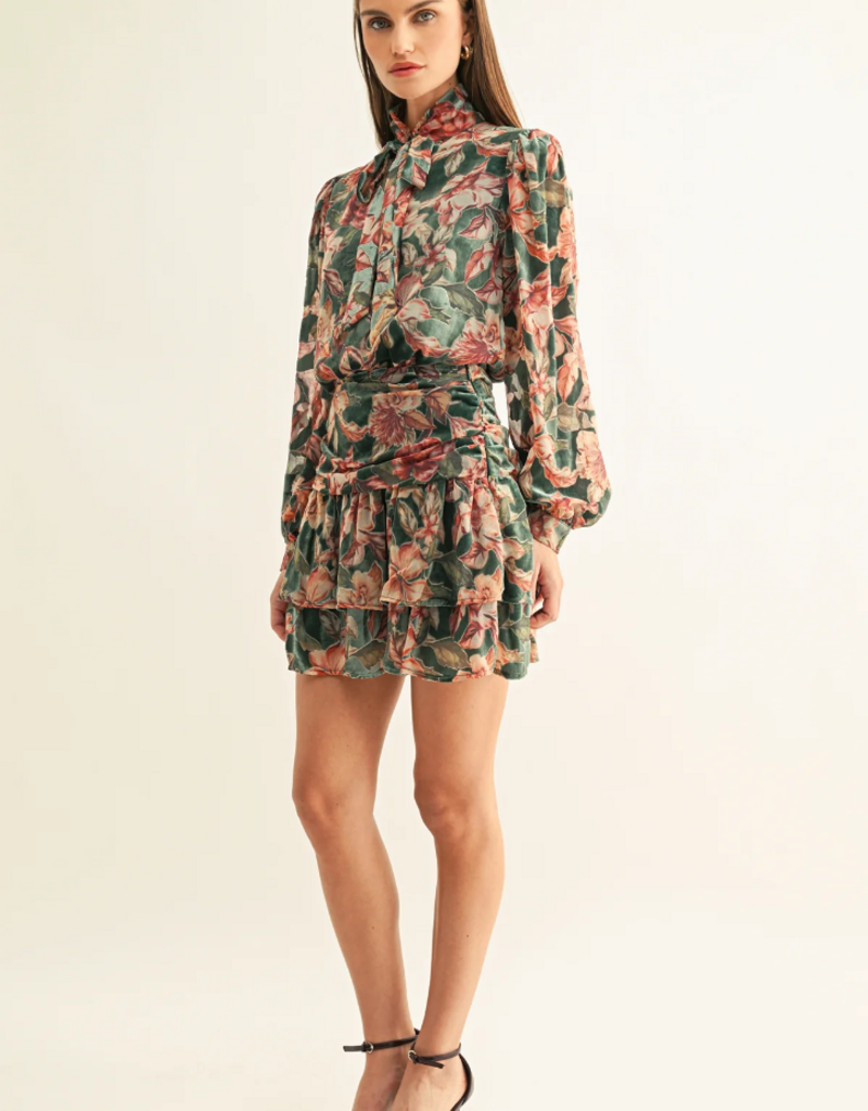 Adelyn Rae Thea Burnout Velvet Tiered Mini Skirt in Teal Multi Floral