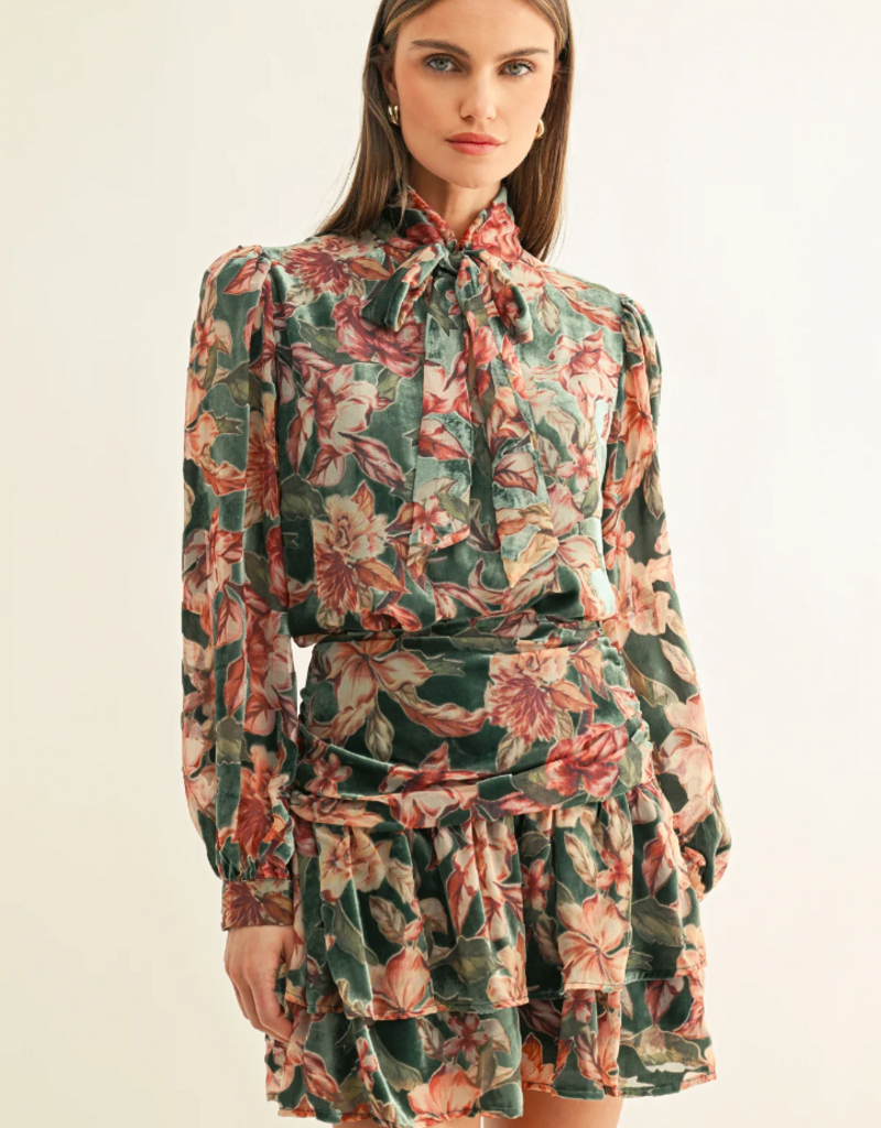 Adelyn Rae Thea Burnout Velvet Tiered Mini Skirt in Teal Multi Floral