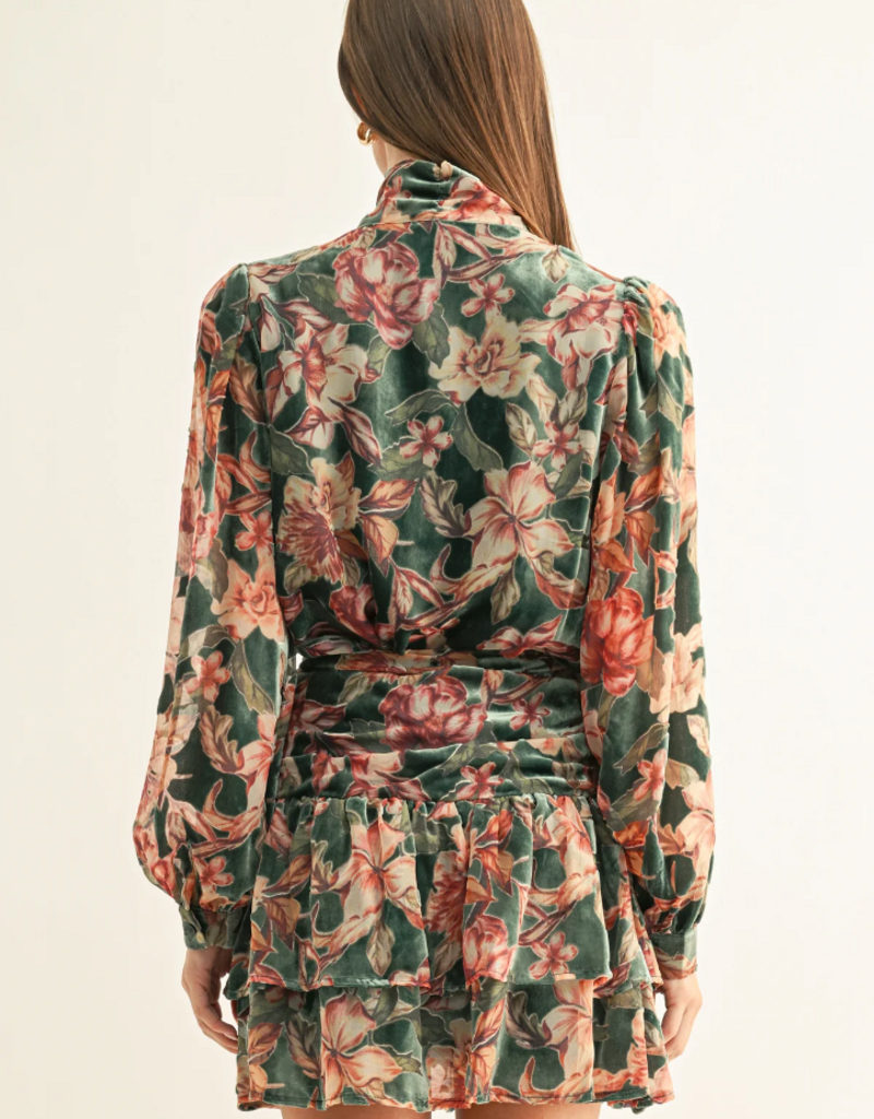 Adelyn Rae Thea Burnout Velvet Tiered Mini Skirt in Teal Multi Floral