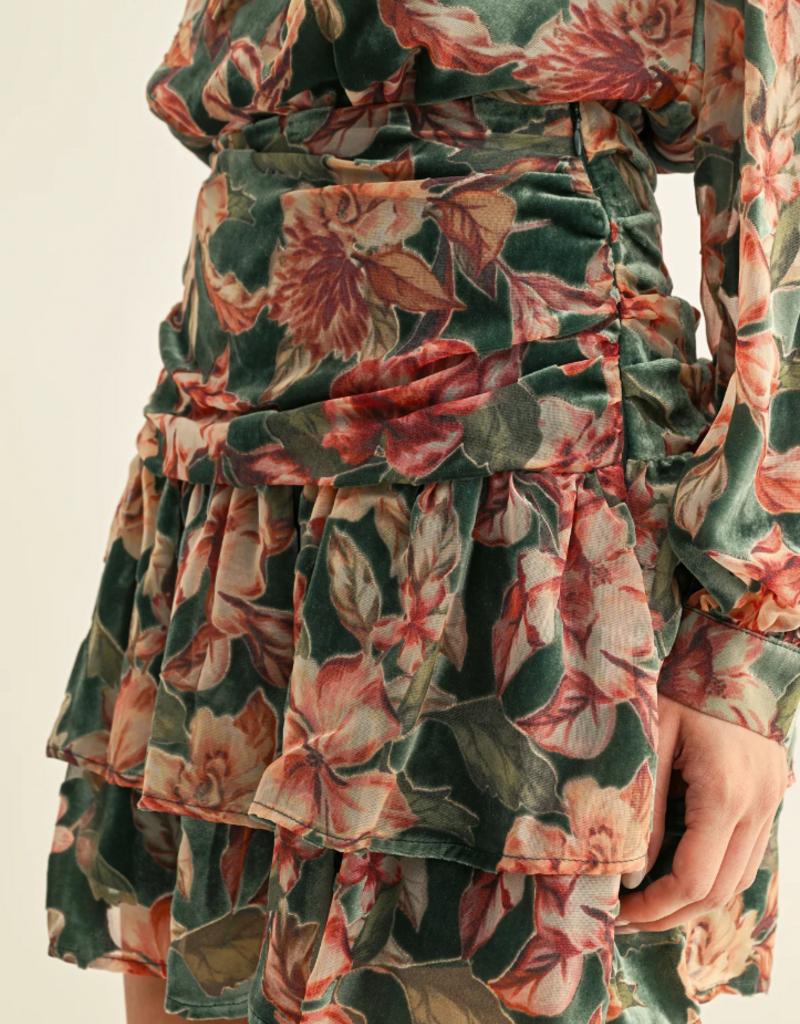 Adelyn Rae Thea Burnout Velvet Tiered Mini Skirt in Teal Multi Floral