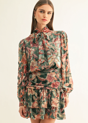 Adelyn Rae Thea Burnout Velvet Tiered Mini Skirt in Teal Multi Floral