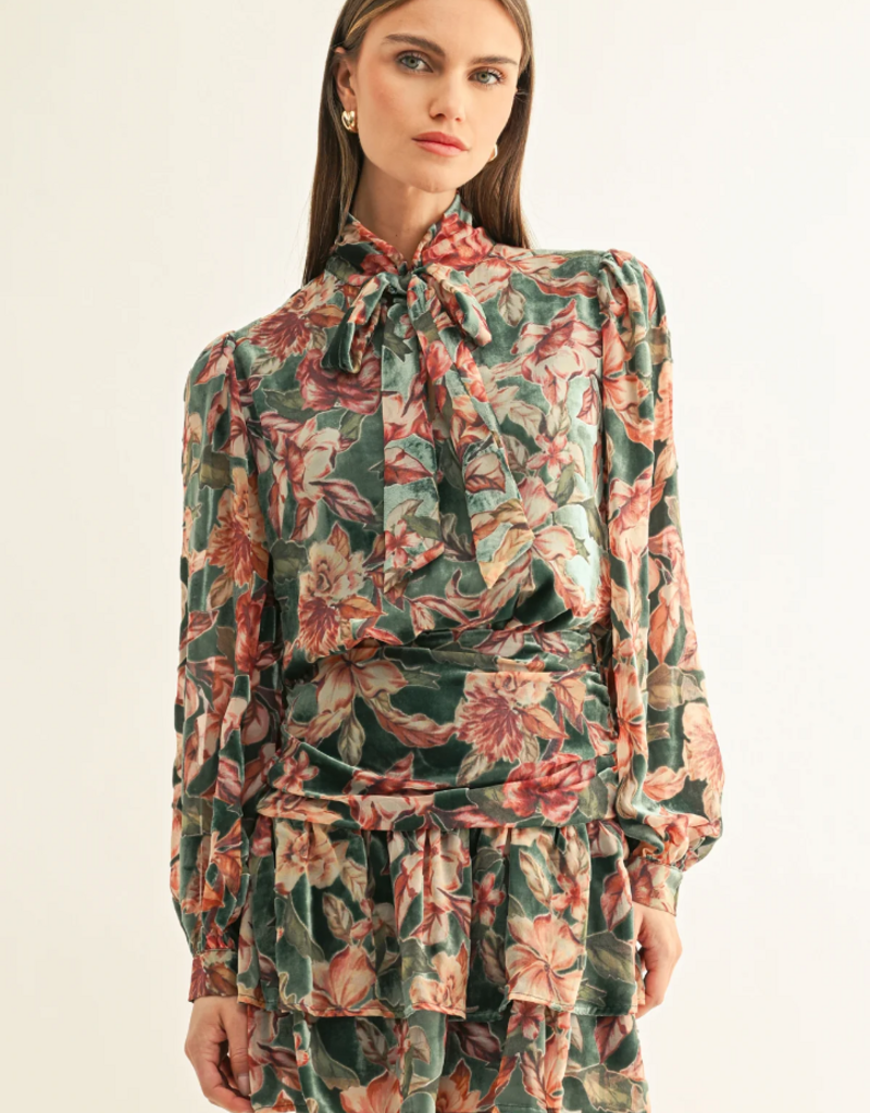 Adelyn Rae Thea Burnout Velvet Tiered Mini Skirt in Teal Multi Floral