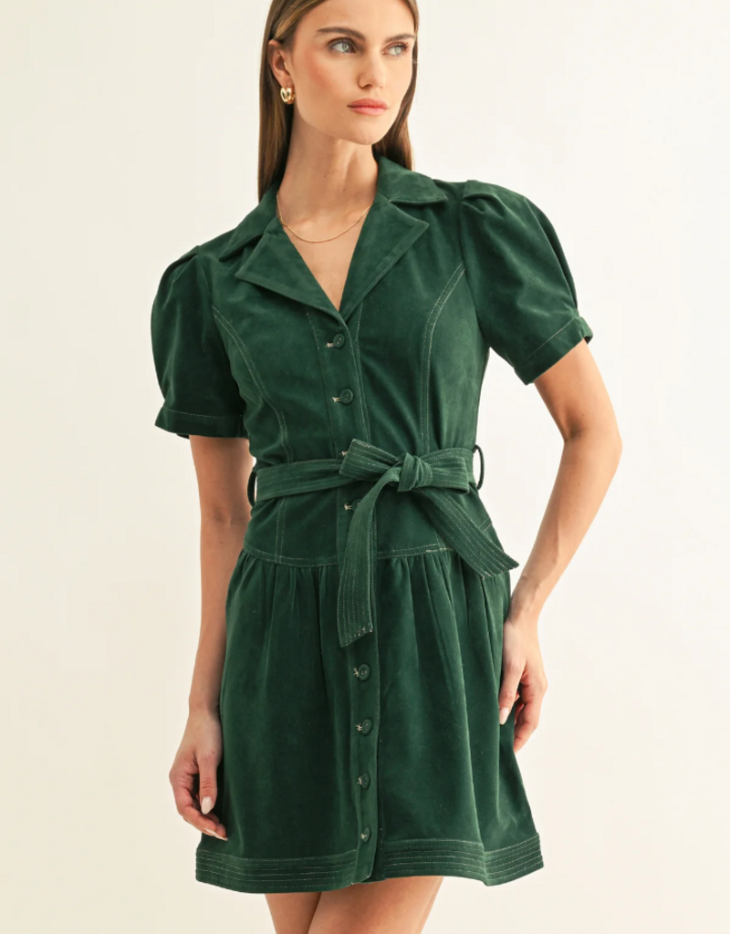 Adelyn Rae Paige Vegan Suede Belted Mini Dress in Hunter Green