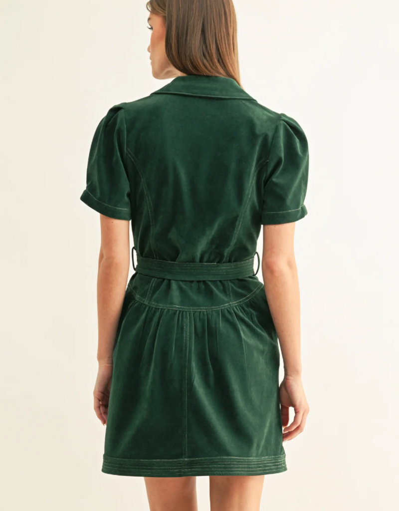 Adelyn Rae Paige Vegan Suede Belted Mini Dress in Hunter Green