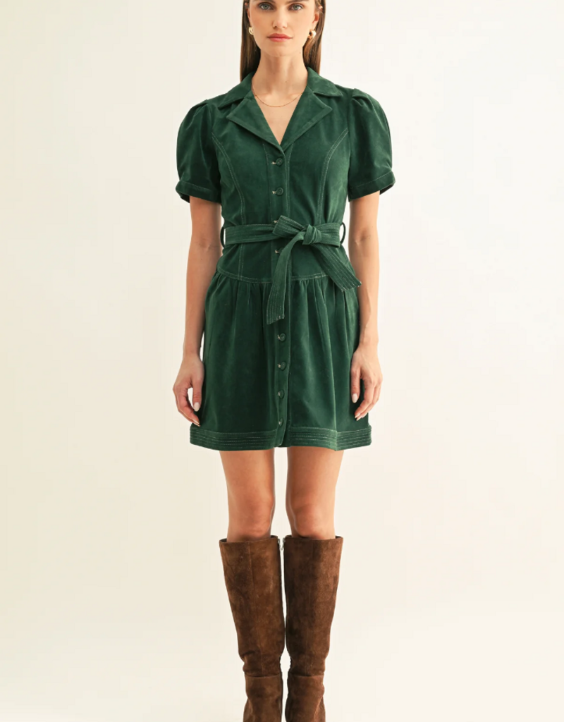 Adelyn Rae Paige Vegan Suede Belted Mini Dress in Hunter Green