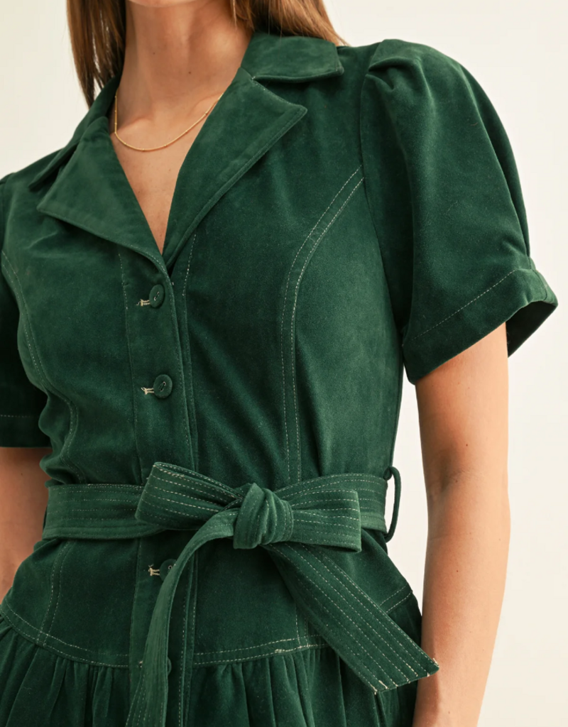 Adelyn Rae Paige Vegan Suede Belted Mini Dress in Hunter Green