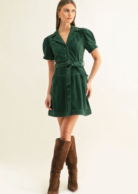 Adelyn Rae Paige Vegan Suede Belted Mini Dress in Hunter Green