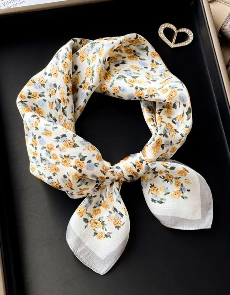 LadyJuneAccessories Vintage Rose Silk Scarf in Yellow Rose White