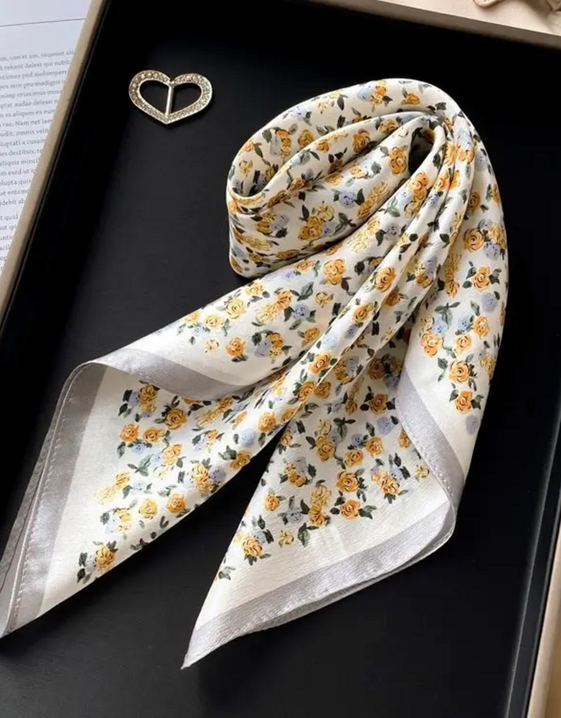 LadyJuneAccessories Vintage Rose Silk Scarf in Yellow Rose White