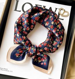 LadyJuneAccessories Vintage Rose Silk Scarf in Red Rose Blue