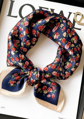 LadyJuneAccessories Vintage Rose Silk Scarf in Red Rose Blue