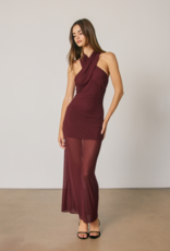 Dress Forum Chelle Twisted Halter Neck Maxi With Mesh Skirt in Merlot