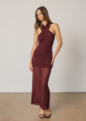 Dress Forum Chelle Twisted Halter Neck Maxi With Mesh Skirt in Merlot