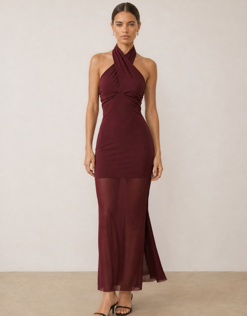 Dress Forum Chelle Twisted Halter Neck Maxi With Mesh Skirt in Merlot