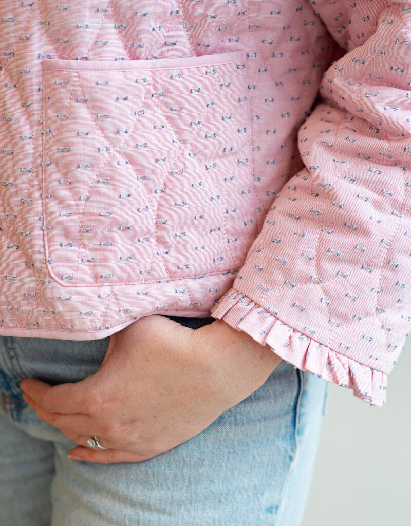 Cream Lummi 100% Cotton Quilted Jacket in Dobby Rose