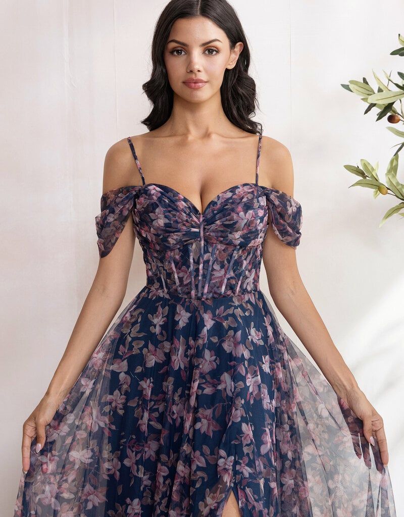 Soieblu Caralyn Maxi Dress With Boning in Navy Floral