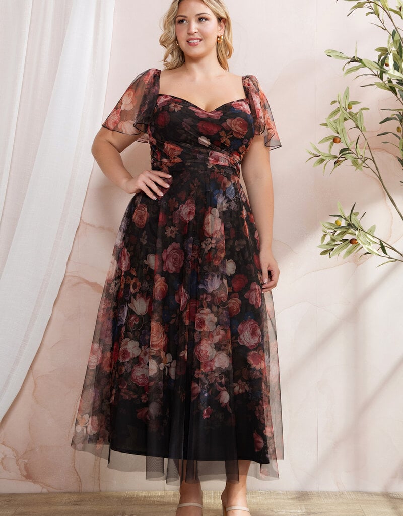 Soieblu Diana Midi Dress With Off the Shoulder Sleeve Detail in Black Floral