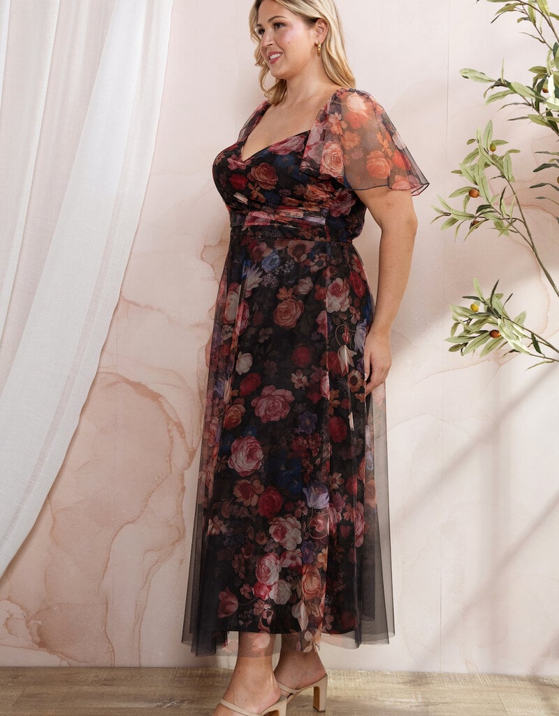 Soieblu Diana Midi Dress With Off the Shoulder Sleeve Detail in Black Floral